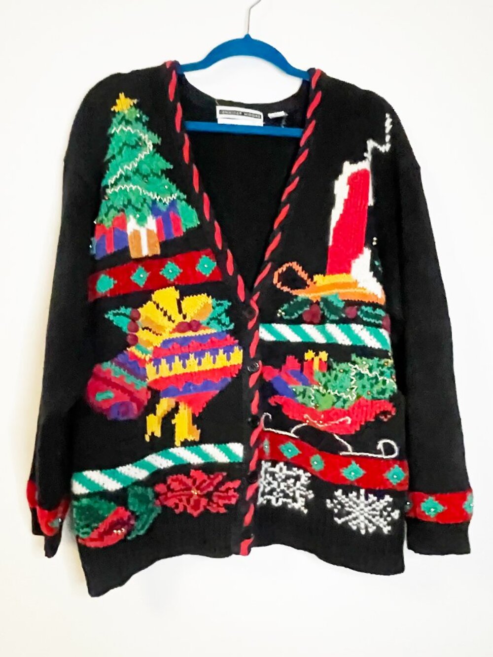 Vintage Jennifer Moore Hand Knit Ugly Christmas Sweater Cardigan XL Holiday